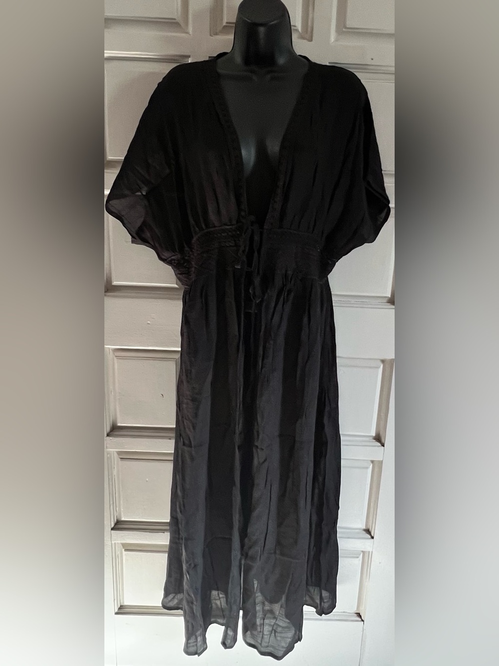 Kimono Stlye Black Sheer Tie-Front Swim Coverup OS